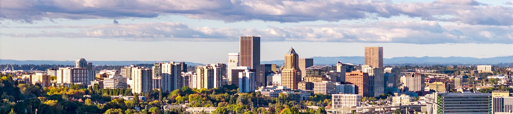 A wide aerial view of a city skyline with skyscrapers, highways, and trees under a blue sky and scattered clouds.