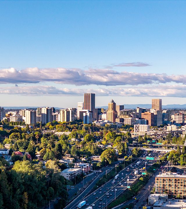 A wide aerial view of a city skyline with skyscrapers, highways, and trees under a blue sky and scattered clouds.