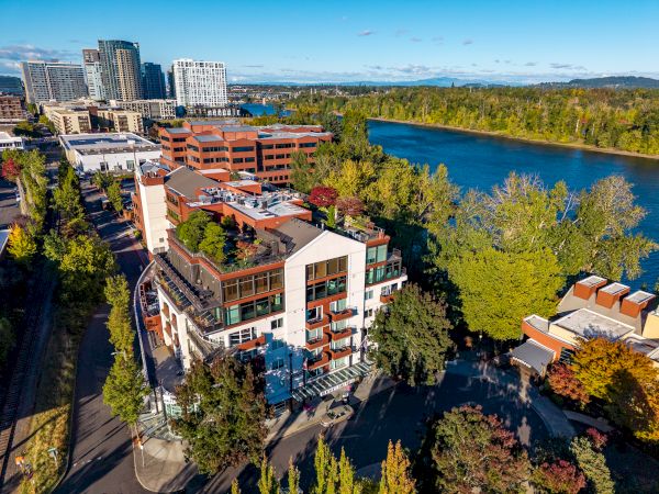 Aerial view of an urban riverside scene with modern buildings, dense trees, and a large blue river extending into the distance.